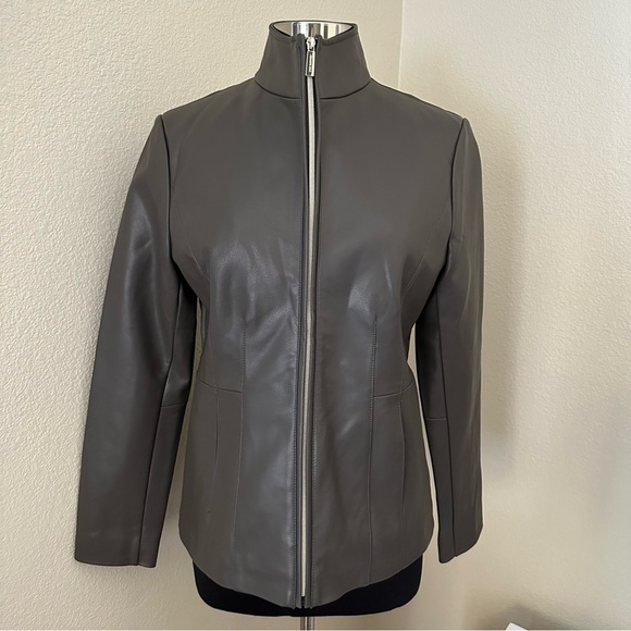 NWOT KENNETH COLE GRAY FAUX LEATHER STANDUP COLLAR ZIP JACKET Size M - Picture 3 of 14